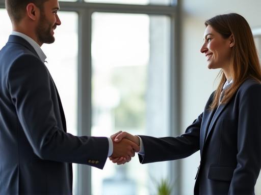 Professionals shaking hands in a successful recruitment meeting.
